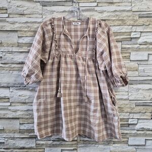 ​Day + Moon Mini Dress S Tan & White Puff Sleeve Tunic Baby Doll Cottagecore